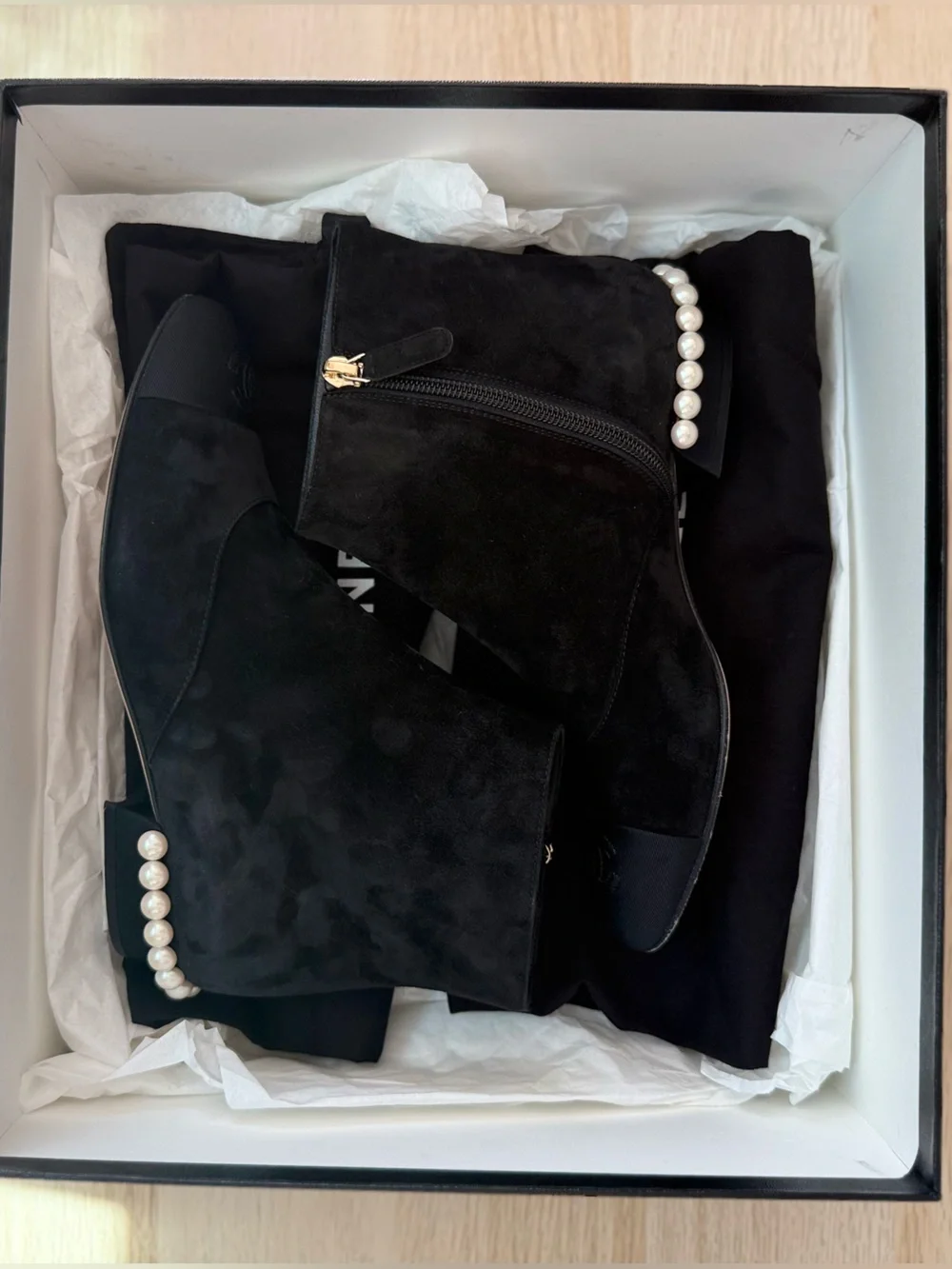 CHANEL Black Suede Pearl Heel Ankle Boots